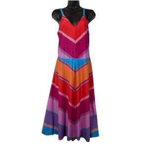 Rainbow Chevron Dress 1970s 80s Colorful Sundress Straps Midi Montgomery Ward